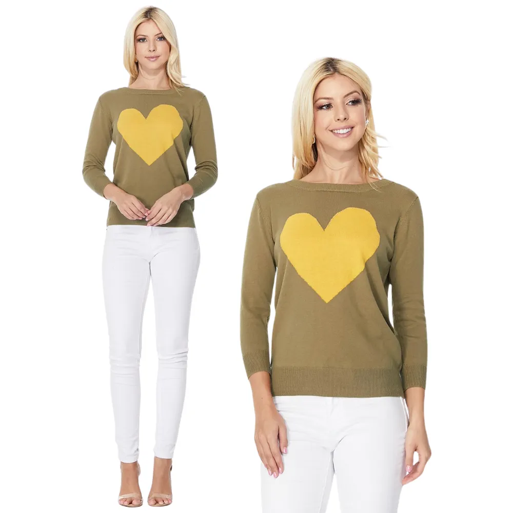 YEMAK Women's Love Heart Chenille Crewneck 3/4 Sleeve Casual Pullover Sweater MK3595