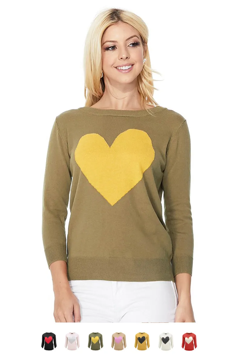 YEMAK Women's Love Heart Chenille Crewneck 3/4 Sleeve Casual Pullover Sweater MK3595