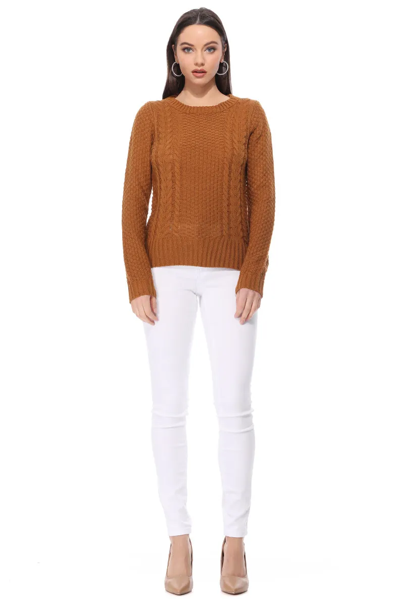 Yemak Women's Round Neck Long Sleeve Cable Knitted Sweater Pullover MK3312