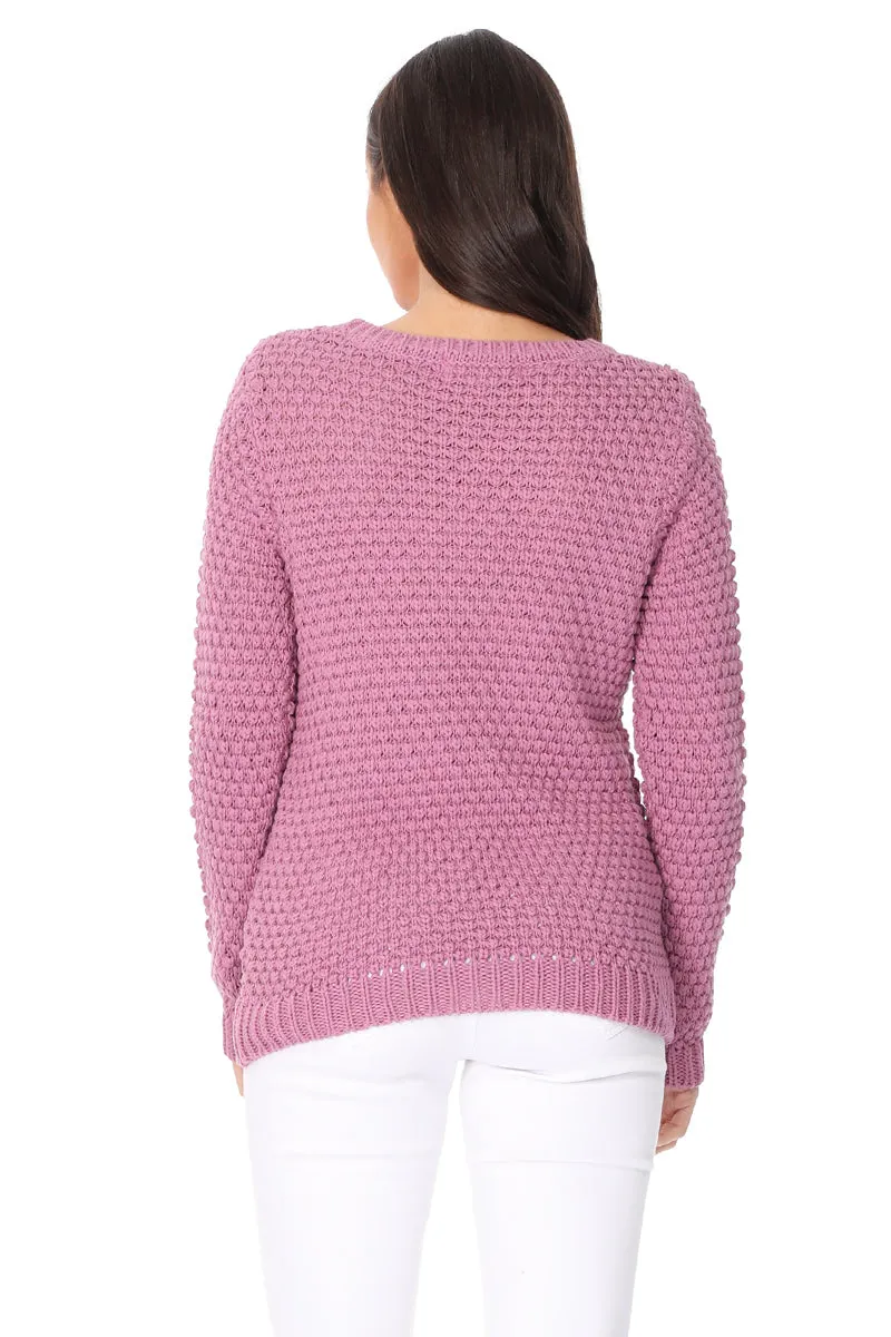 Yemak Women's Round Neck Long Sleeve Popcorn Knit Sweater Top MK8114