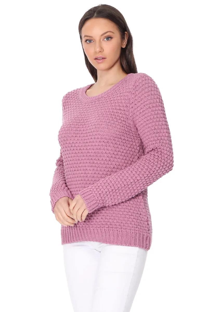 Yemak Women's Round Neck Long Sleeve Popcorn Knit Sweater Top MK8114