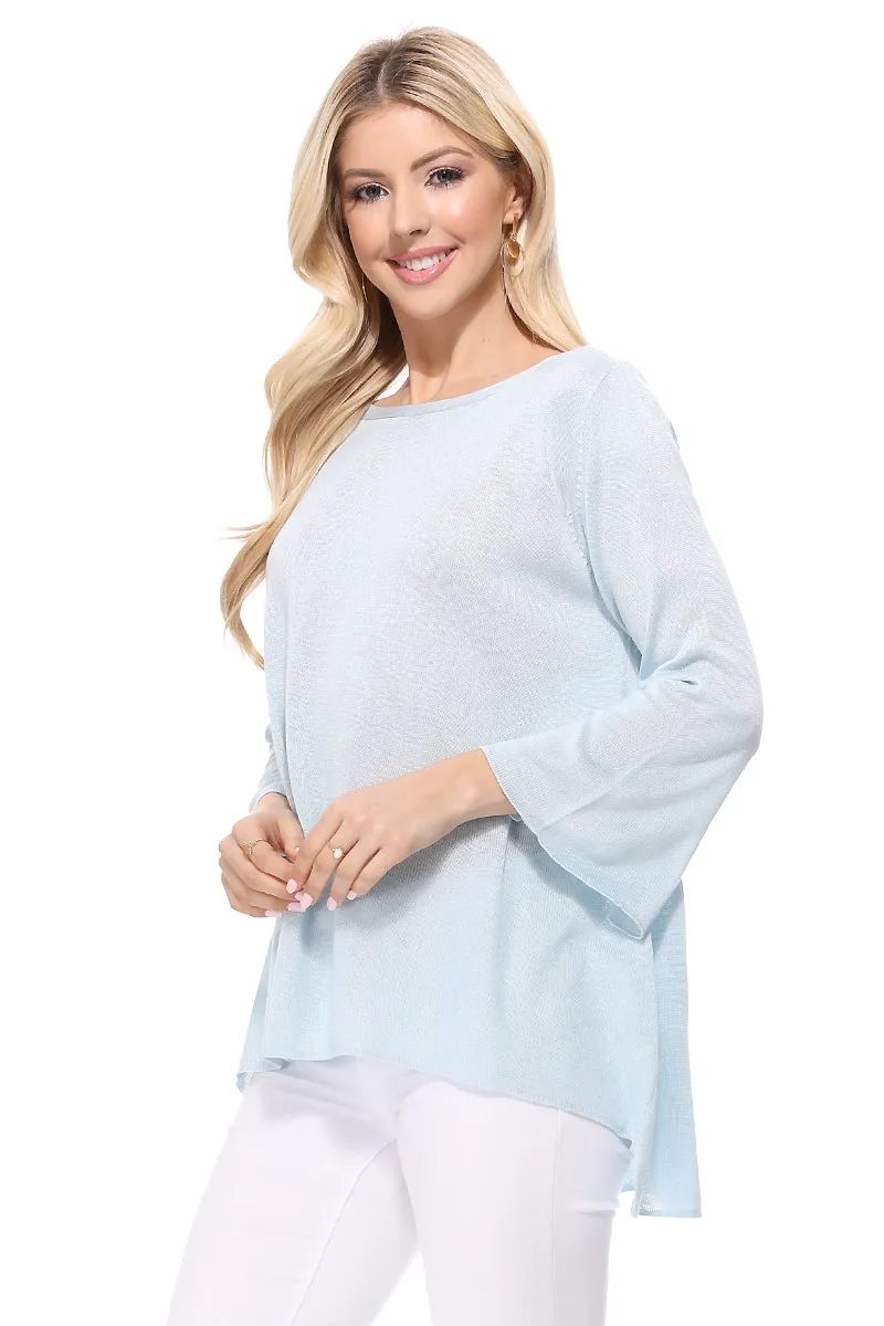 Yemak Women's Semi Sheer Boat Neck Knit Top with Side Vent MK8139