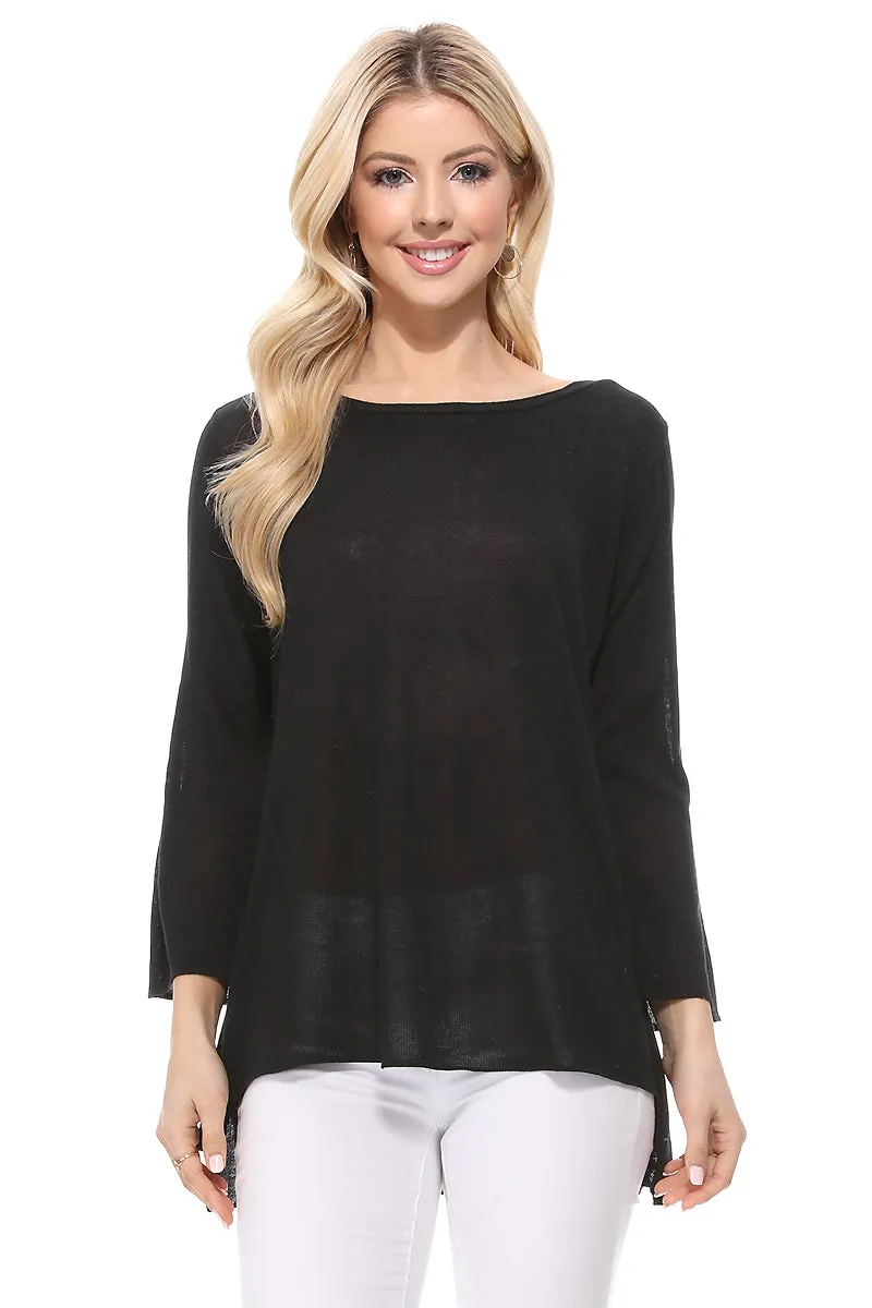 Yemak Women's Semi Sheer Boat Neck Knit Top with Side Vent MK8139